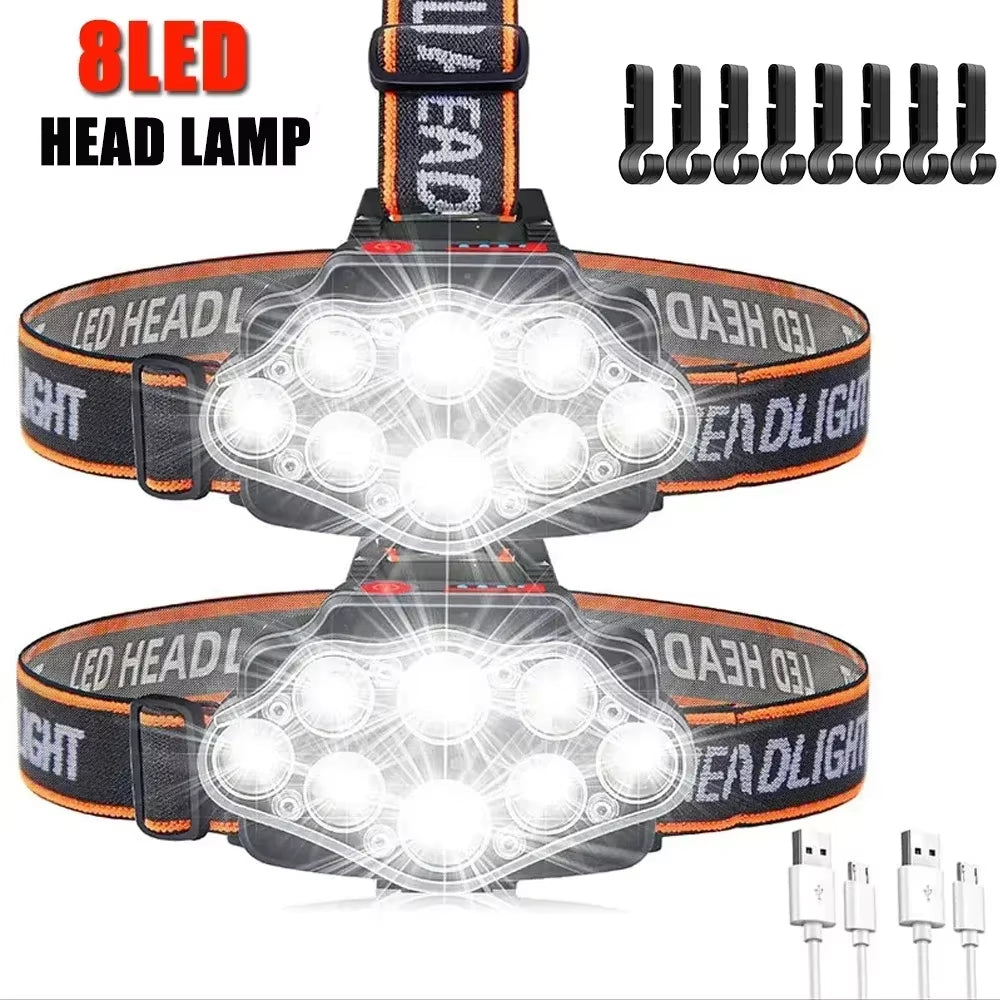 LED Headlamp High Lumen Bright Head Lamp with 8 LED USB Rechargeable Headlight Waterproof Head Flashlight Camping Lantern